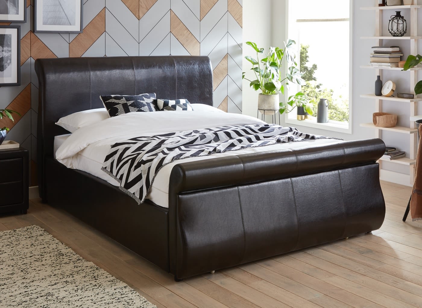 Detroit Black Bonded Leather End Drawer, King Faux Leather Bed