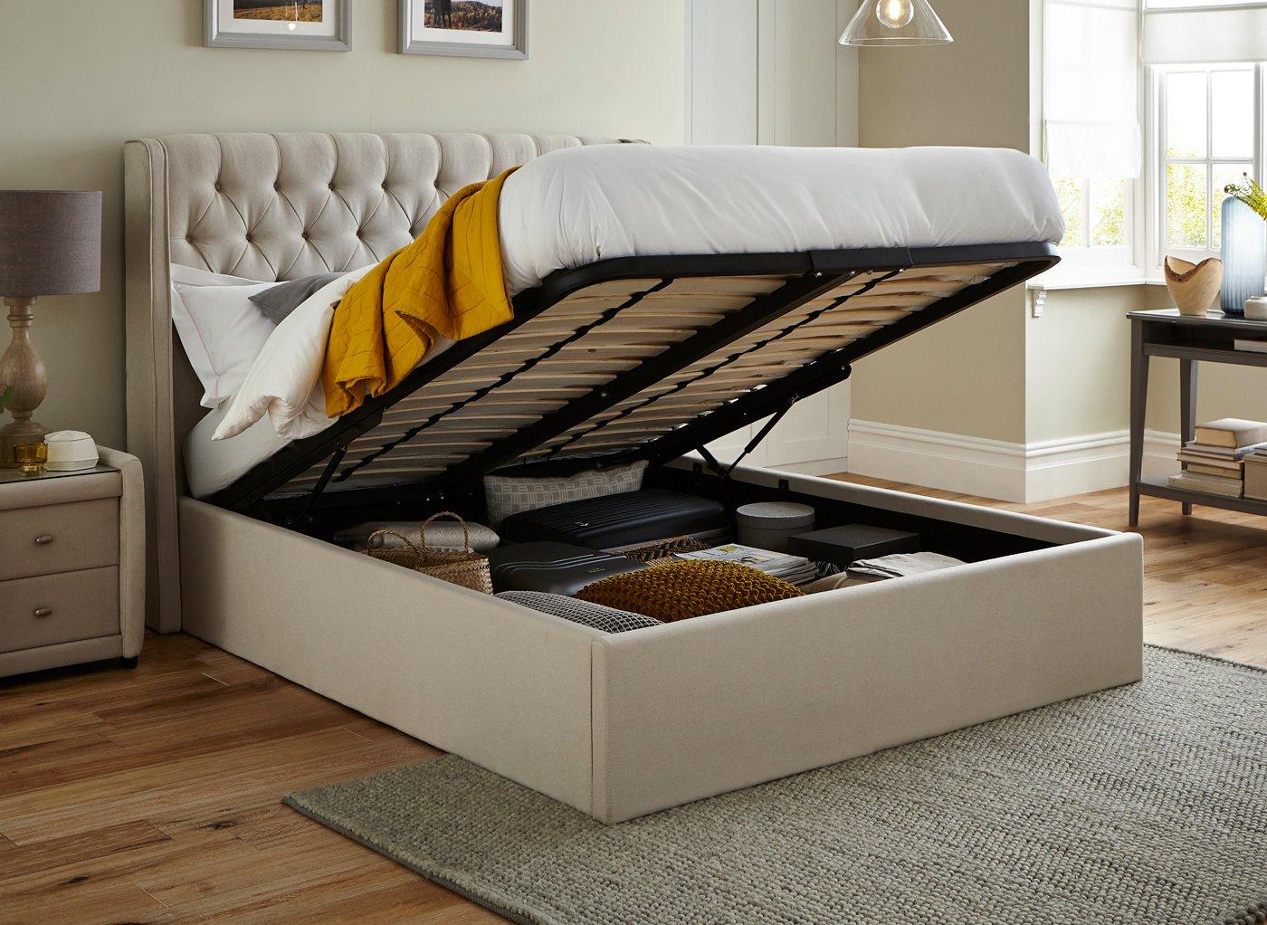 Deacon Upholstered Ottoman Bed Frame 6, Cream King Bed Frame