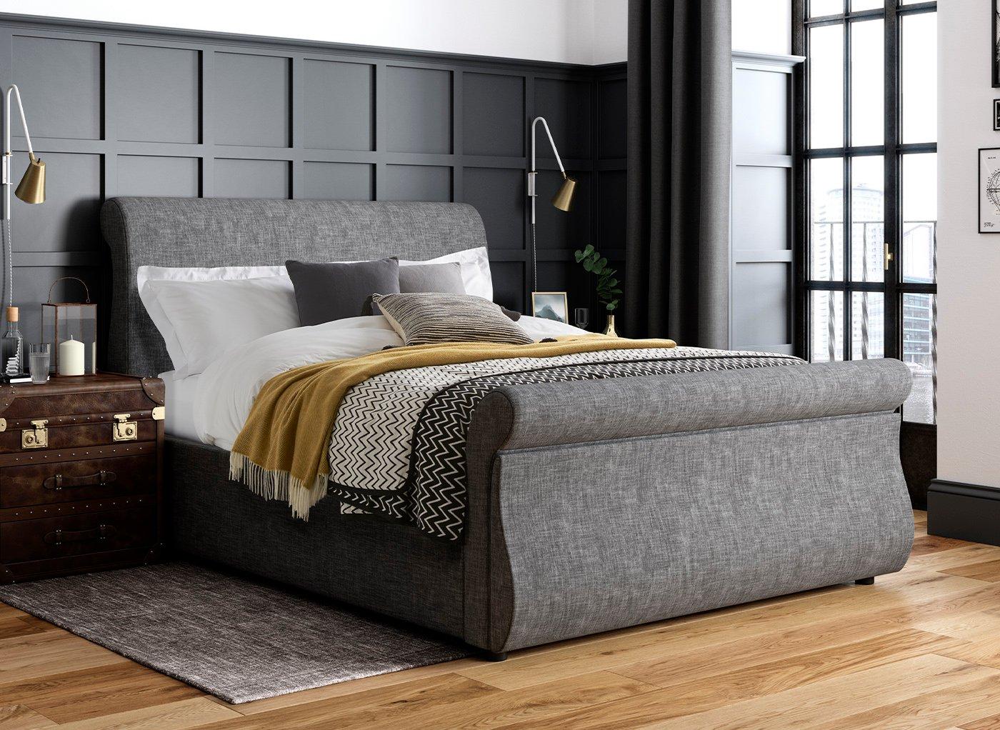 Detroit Upholstered Sleigh Bed Frame 4’6 Double Grey Bed Sava