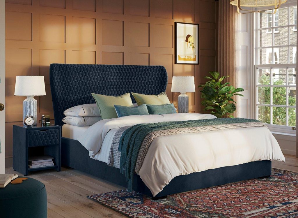 Grove Velvet-Finish Upholstered Ottoman Bed Frame - 4'6 Double - Blue