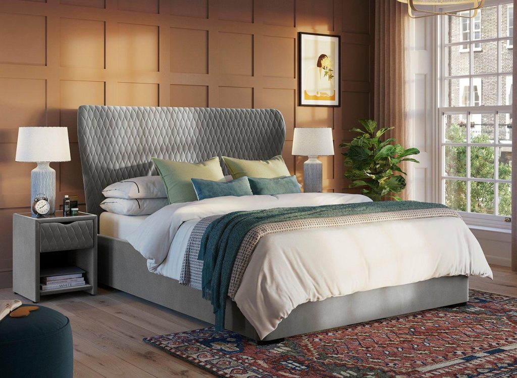 Grove Velvet-Finish Upholstered Ottoman Bed Frame - 4'6 Double - Grey