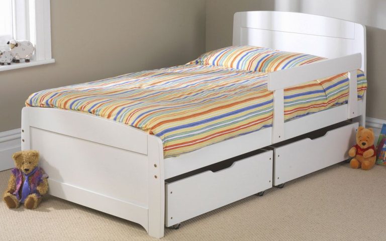 Friendship Mill Wooden Rainbow Kids Bed Single Short 2 Side Drawers White Matching Guard Rail | Bed Sava