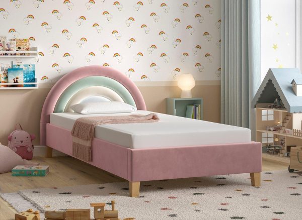 Rainbow Kids Velvet Finish Bed Frame  30 Single  Pink | Bed Sava