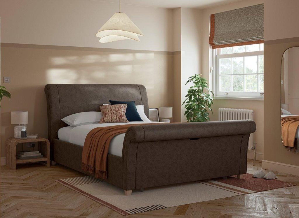 Delaware Upholstered Sleigh Bed Frame - 5'0 King - Brown