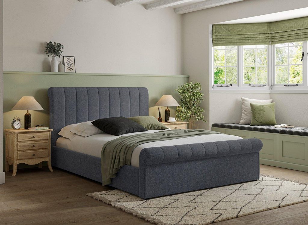 Sandy Upholstered Ottoman Bed Frame  50 King  Blue | Bed Sava