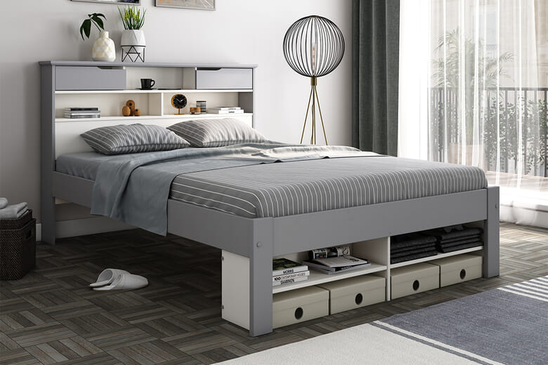 Ella Wooden Storage Bed, Bedmaster_White & Grey, 2 Drawers, Double