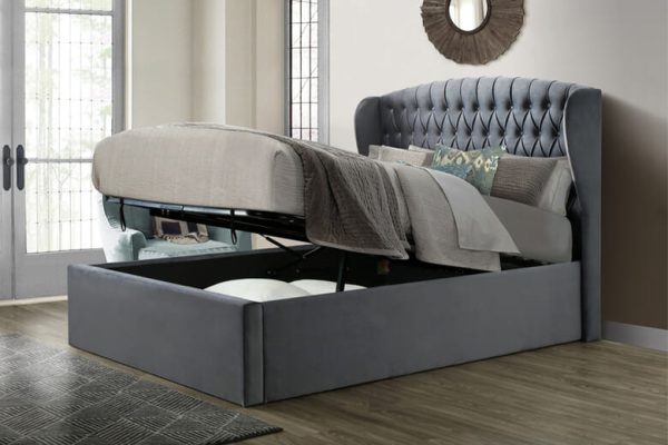 Isabella Velvet Ottoman Bed Bedmaster Grey Velvet Double | Bed Sava