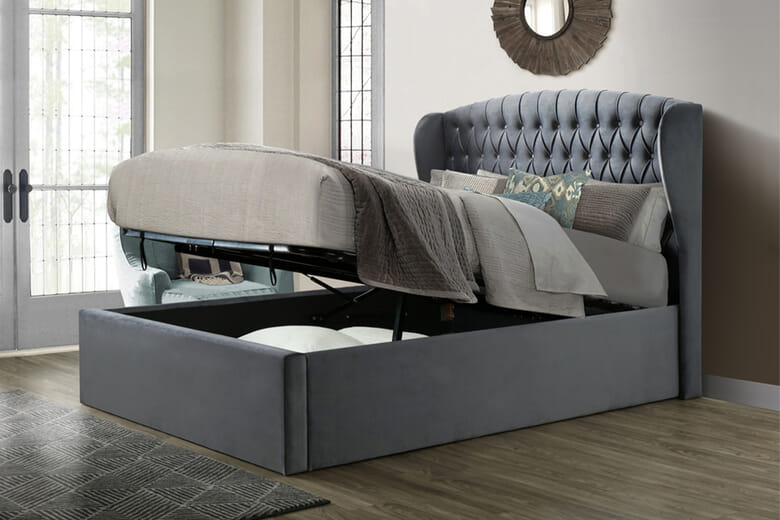 Isabella Velvet Ottoman Bed, Bedmaster_Grey Velvet, Double