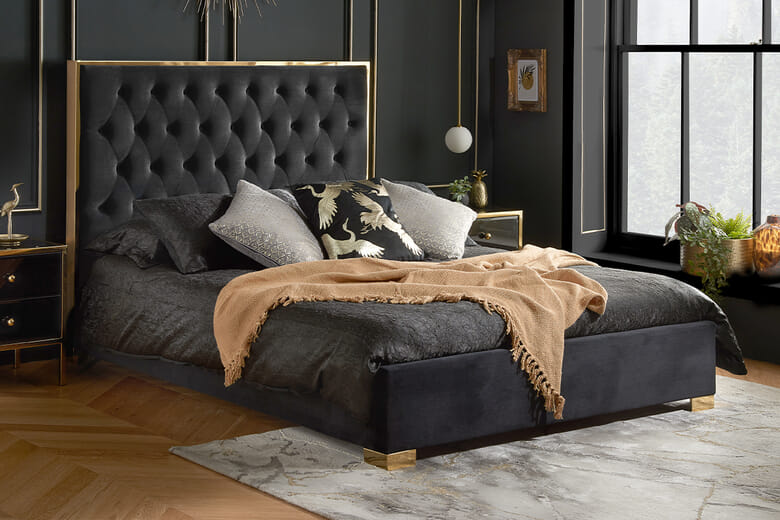 Birlea Chelsea Fabric Bed, Birlea_Black Fabric & Gold Chrome, Double