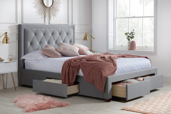 Birlea Woodbury Grey Fabric 4 Drawer Storage Bed King Size | Bed Sava