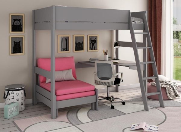 Anderson Desk High Sleeper With Pink Chair  30 Single  Grey | Bed Sava