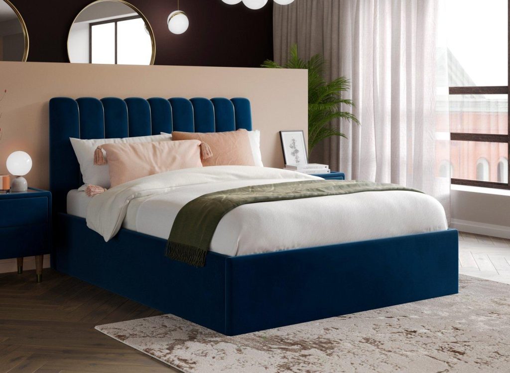 Mount Velvet Finish Ottoman Bed Frame  60 Super King  Blue | Bed Sava