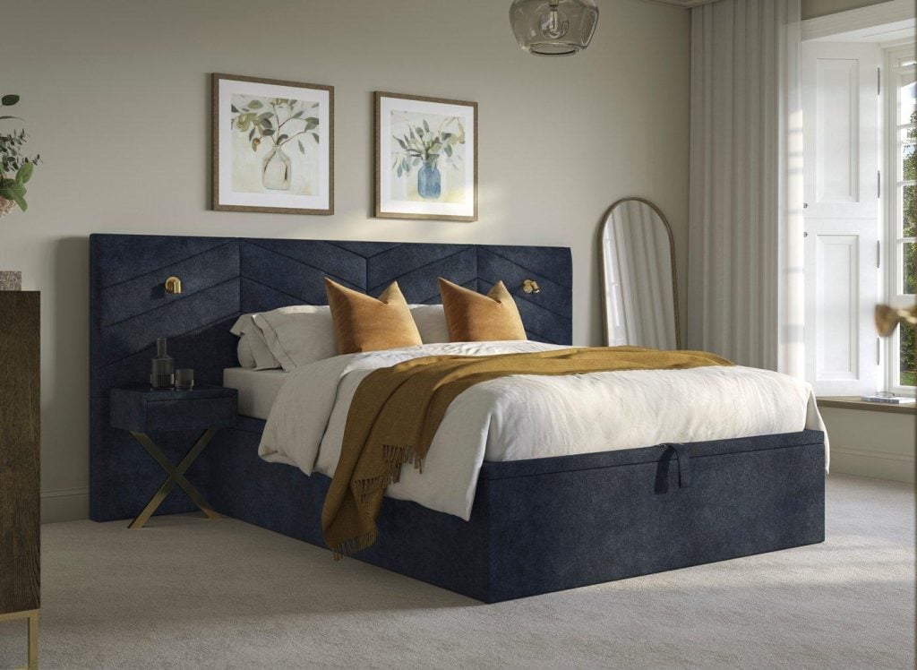 Saffron Upholstered Ottoman Bed Frame With Bedside Tables - 5'0 King - Blue