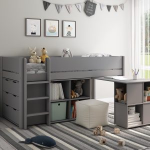 Anderson Mid Sleeper Bed Frame with Cube  Desk  30 Single  Grey | Bed Sava