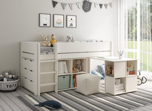 Anderson Mid Sleeper Bed Frame with Cube  Desk  30 Single  White | Bed Sava