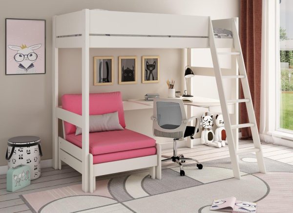Anderson Desk High Sleeper With Pink Chair  30 Single  White | Bed Sava