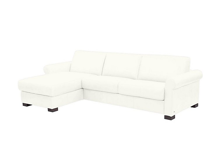 Nicoletti - Alcova 3 Seater Leather Sofa Bed and Storage Left Hand Facing Chaise with Scroll Arms - Torello Bianco Puro
