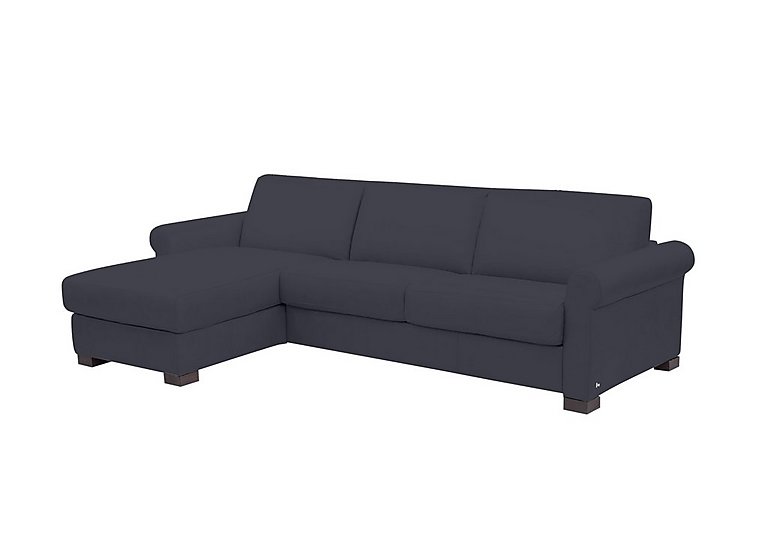 Nicoletti - Alcova 3 Seater Leather Sofa Bed and Storage Left Hand Facing Chaise with Scroll Arms - Torello Blu