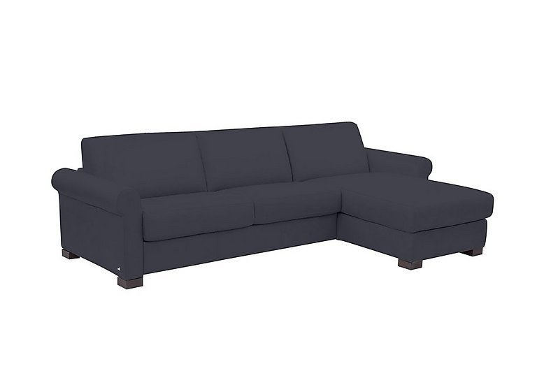 Nicoletti - Alcova 3 Seater Leather Sofa Bed and Storage Right Hand Facing Chaise with Scroll Arms - Torello Blu