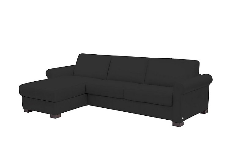 Nicoletti - Alcova 3 Seater Leather Sofa Bed and Storage Left Hand Facing Chaise with Scroll Arms - Torello Nero