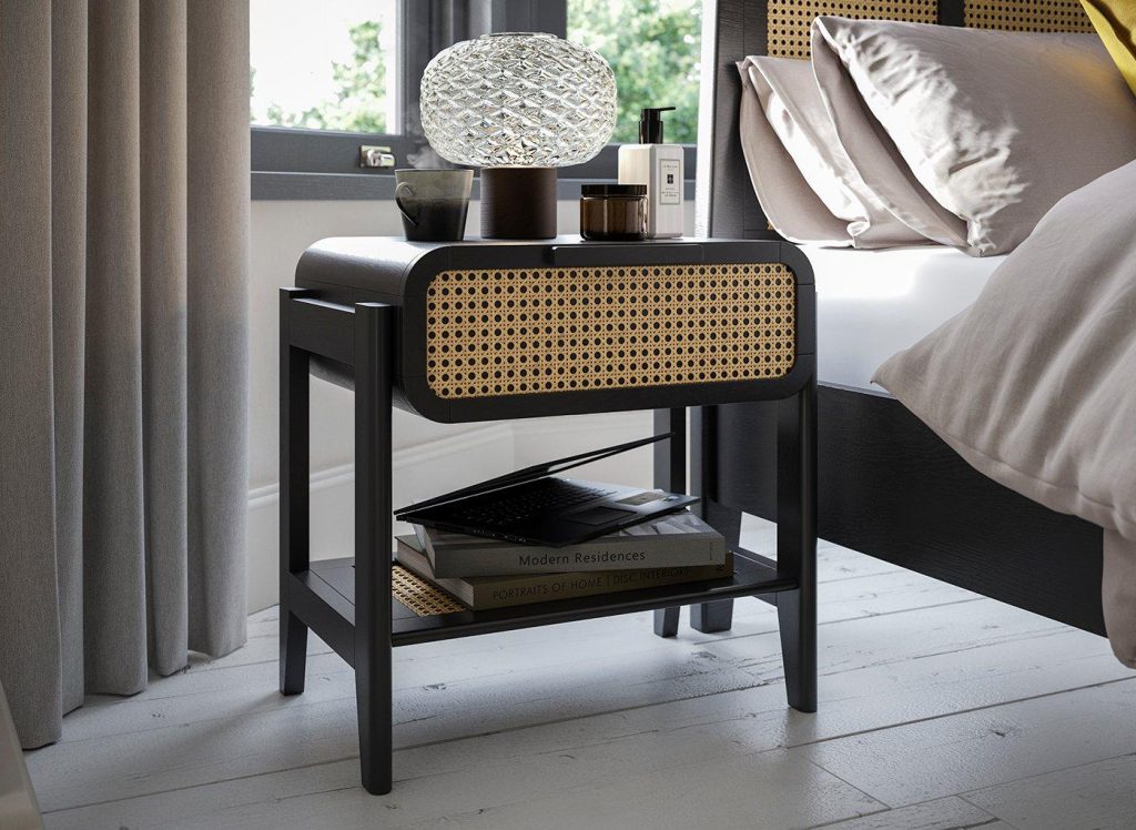 Calder Wooden Rattan Bedside Table - Black