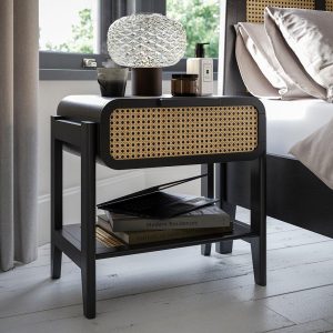Calder Wooden Rattan Bedside Table  Black | Bed Sava