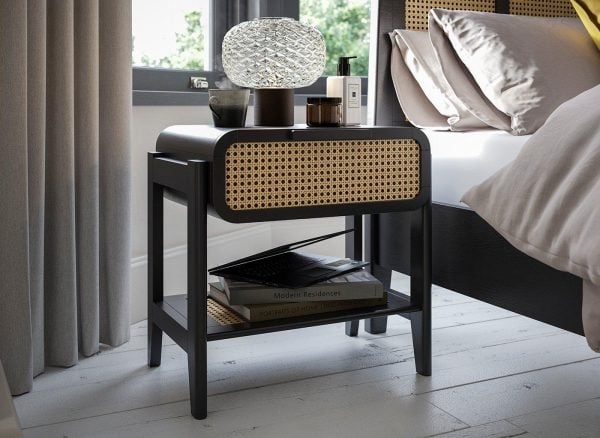 Calder Wooden Rattan Bedside Table  Black | Bed Sava