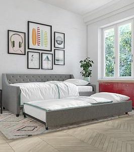 Novogratz Elena Single Linen Daybed With Trundle  Grey | Bed Sava