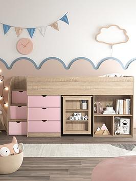 Very Home Mico Mid Sleeper Bed With Pull-Out Desk, Storage And Mattress Options (Buy & Save!) - Light Pink/Oak Effect - Bed Frame With Premium Mattress