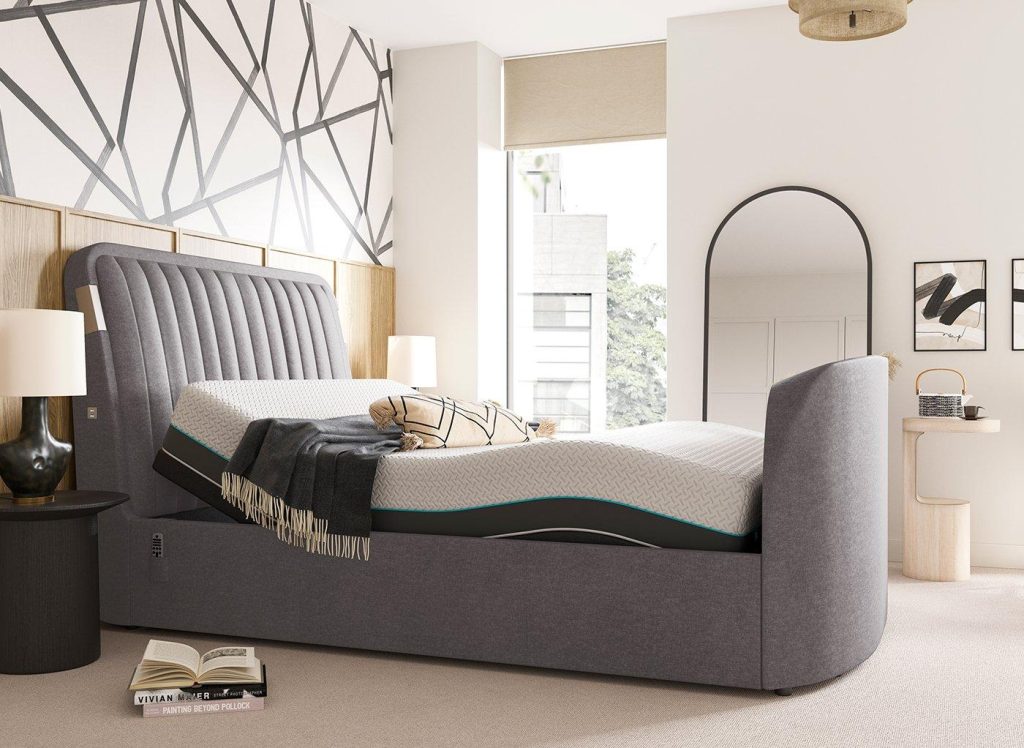 Yokohama Sleepmotion Adjustable Velvet-Finish Dolby Atmos TV Bed Frame - 4'6 Double - Grey