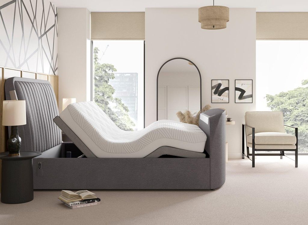 Yokohama Sleepmotion Adjustable Velvet-Finish Dolby Atmos TV Bed Frame - 5'0 King - Grey