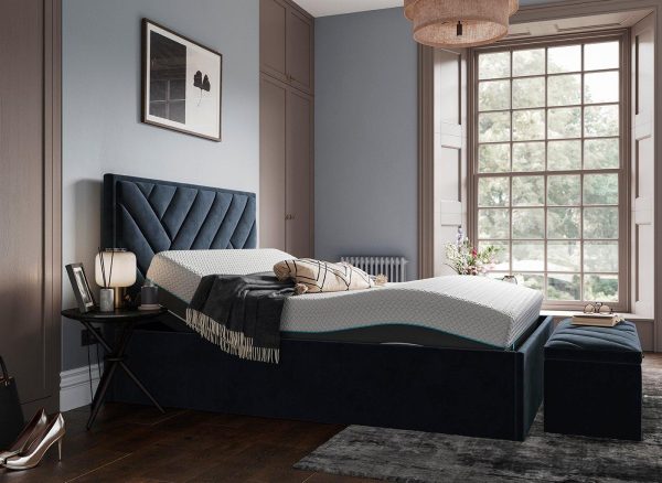 House Beautiful Jay Sleepmotion Adjustable Velvet Finish Bed Frame  46 Double  Blue | Bed Sava