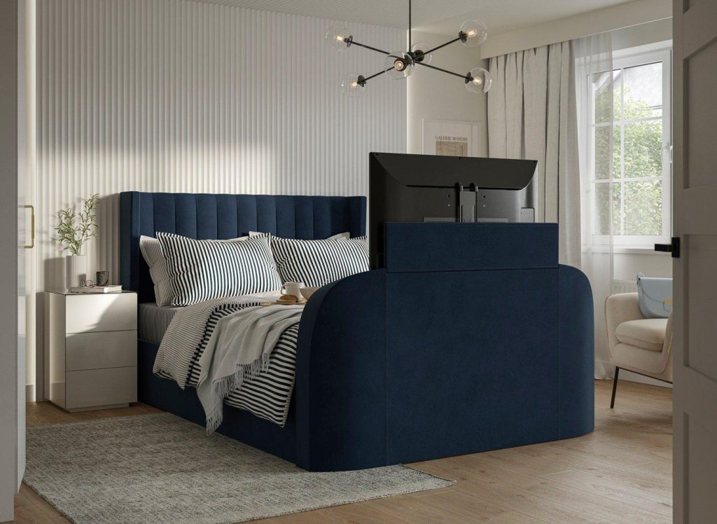Foley Upholstered Ottoman TV Bed Frame - 6'0 Super King - Blue