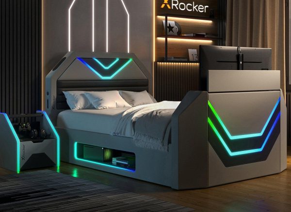 X Rocker Nebula Ottoman TV Bed Frame  40 Small Double  Grey | Bed Sava