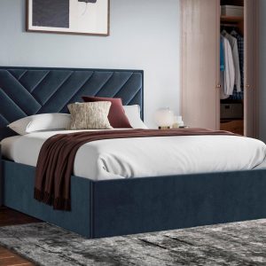 Jay Velvet Finish Upholstered Ottoman Bed Frame  50 King  Blue | Bed Sava