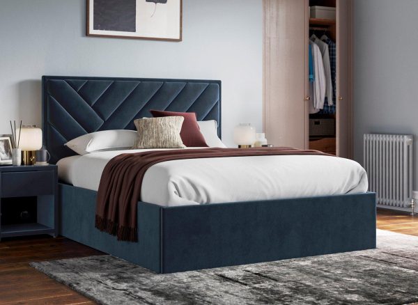 Jay Velvet Finish Upholstered Ottoman Bed Frame  46 Double  Blue | Bed Sava