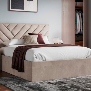 Jay Velvet Finish Upholstered Ottoman Bed Frame  60 Super King  Beige | Bed Sava