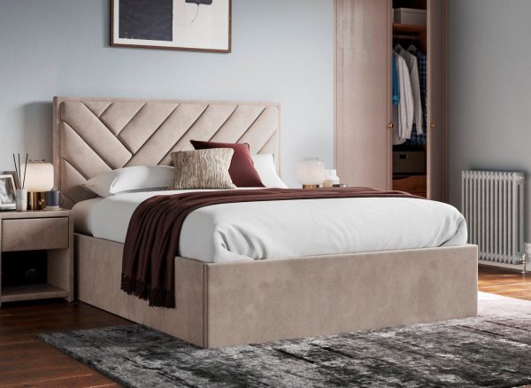 Jay Velvet Finish Upholstered Ottoman Bed Frame  50 King  Beige | Bed Sava