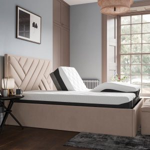 House Beautiful Jay Sleepmotion Adjustable Velvet Finish Bed Frame  50 King  Beige | Bed Sava