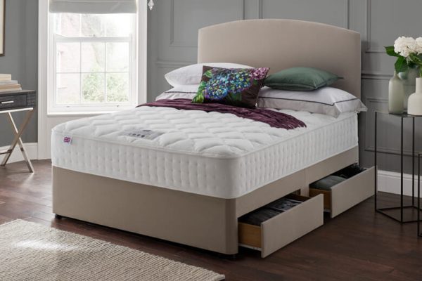 Rest Assured Minerva 2000 Pocket Silk Mattress + Premium Divan Bed Bednextday Teal End Opening Ottoman Small Double | Bed Sava