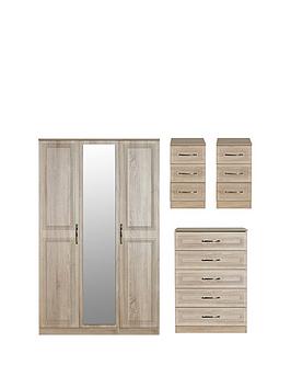 Swift Winchester Part Assembled 4 Piece Package - 3 Door Mirrored Wardrobe, Chest Of 5 Drawers And 2 Bedside Chests - Fsc&Reg; Certified