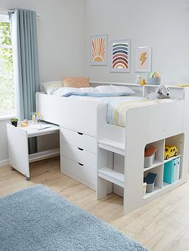 Very Home Aspen Mid Sleeper Bed Frame With Desk, Drawers And Shelves Plus Mattress Options (Buy And Save!) - White - Bed Frame With Premium Mattress