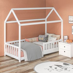House Shaped Kids Bed Frame with Safety Fence for Boys Girls White | Bed Sava