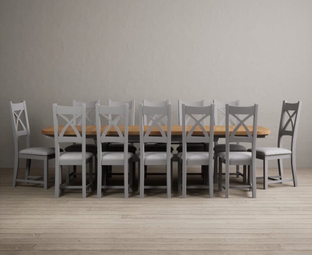 Extending Olympia 180cm Oak and Light Grey Painted Dining Table with 6 Light Grey Painted Chairs