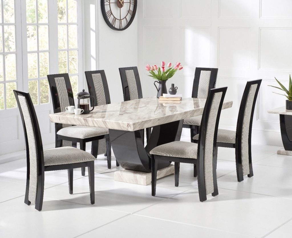 Novara 200cm Cream and Black Pedestal Marble Dining Table with 6 Black Novara Chairs