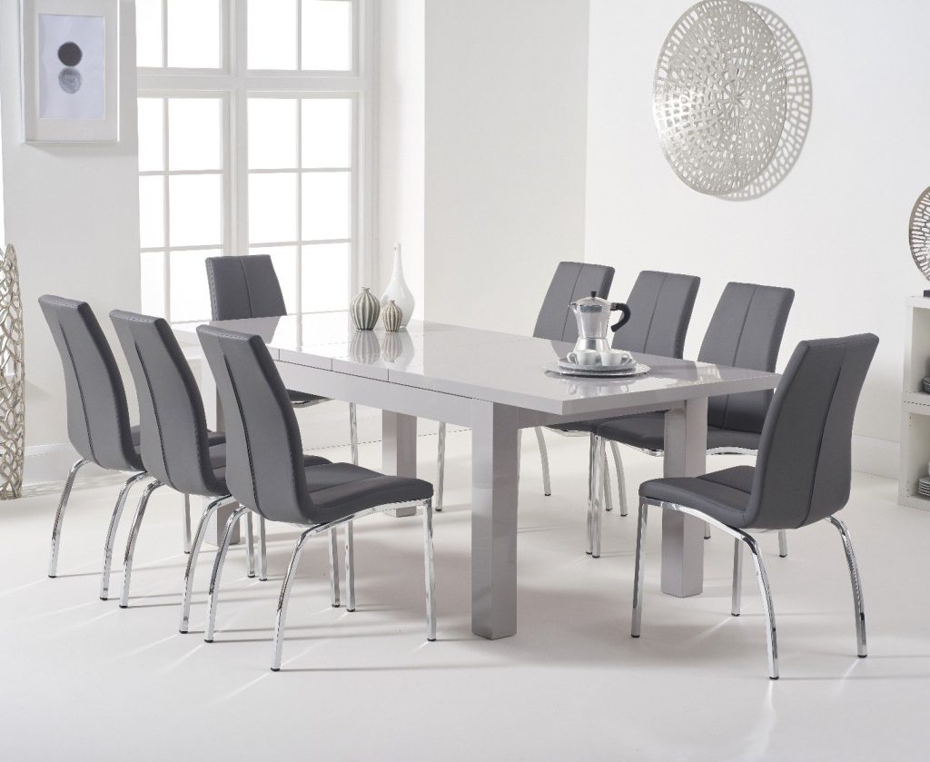 Extending Seattle 160cm Light Grey High Gloss Dining Table with 4 White Marco Chairs