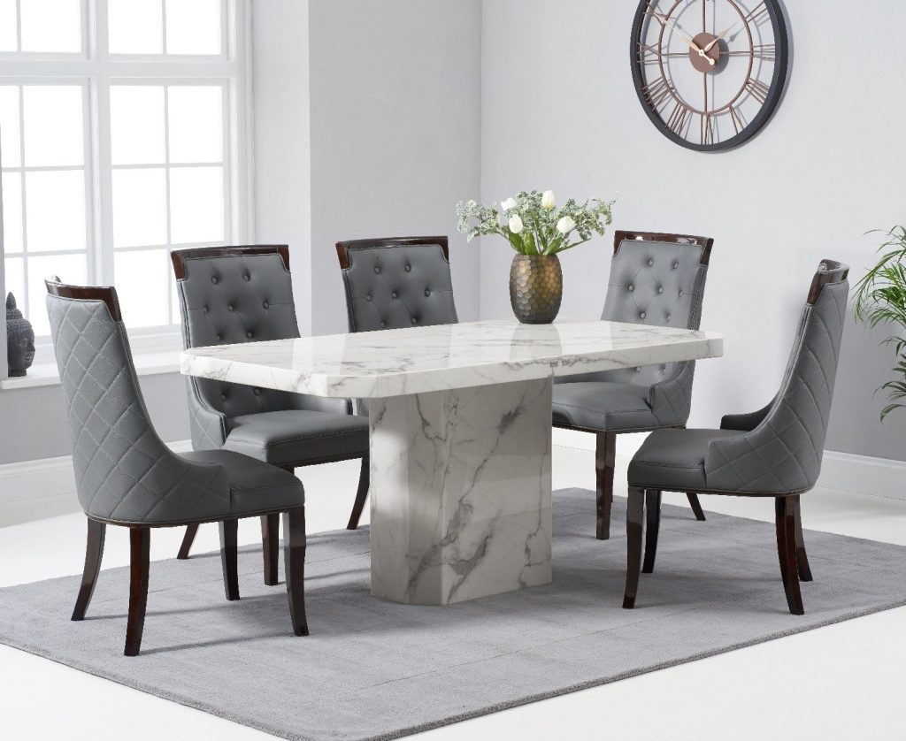 Belle 160cm Marble White Dining Table with 4 Grey Francesca Chairs