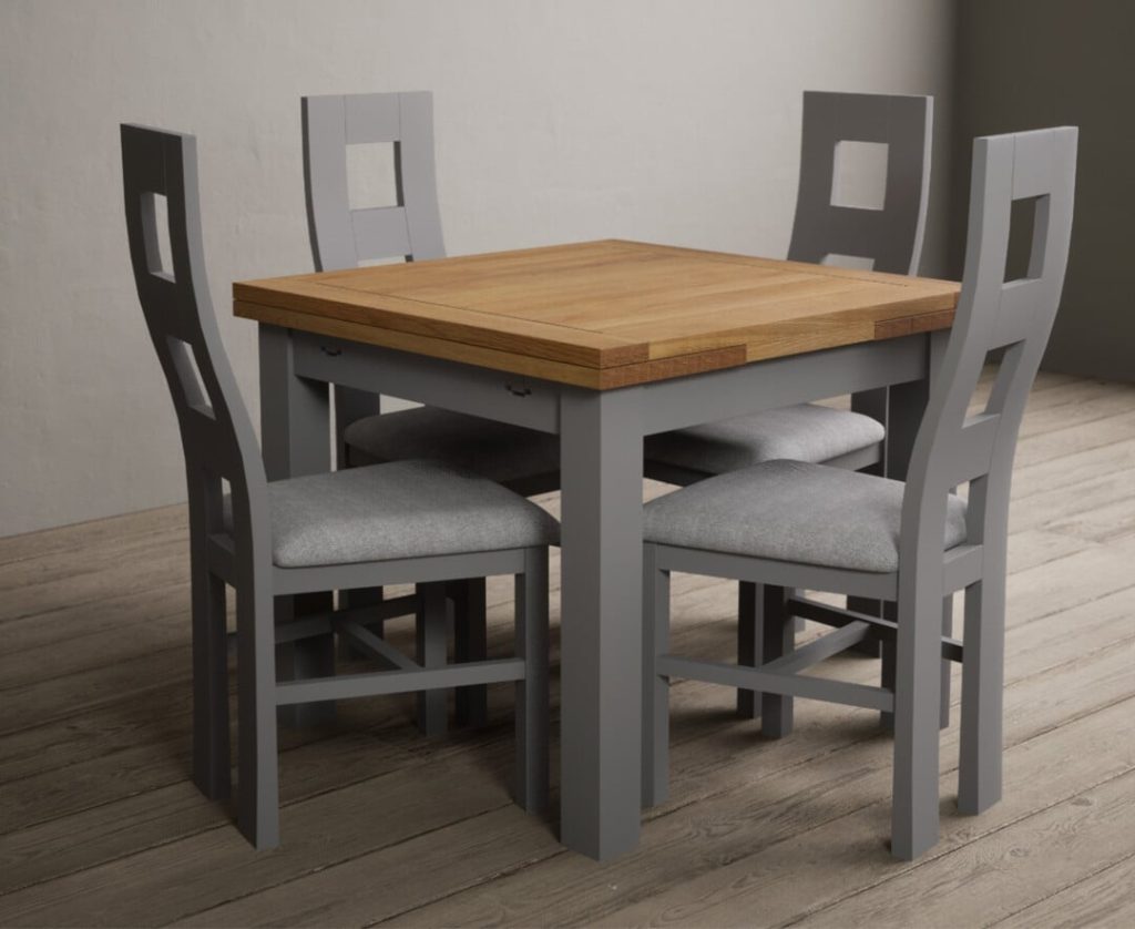 Extending Buxton 90cm Oak and Light Grey Painted Dining Table with 4 Light Grey Painted Chairs