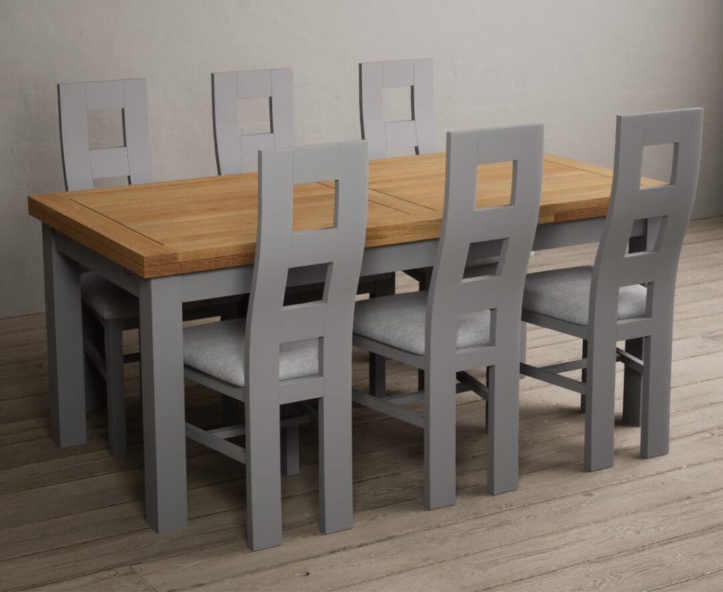 Extending Buxton 180cm Oak and Light Grey Painted Dining Table with 10 Light Grey Painted Chairs
