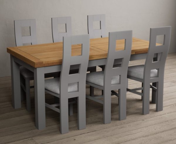 Extending Buxton 180cm Oak and Light Grey Painted Dining Table with 12 Light Grey Painted Chairs | Bed Sava